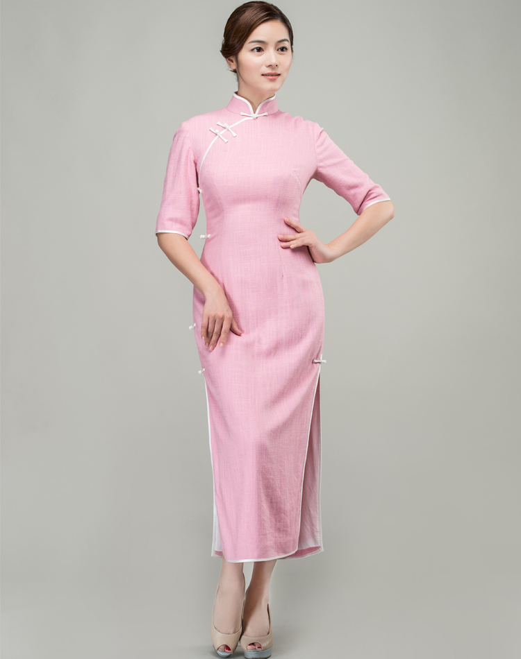 Pink cotton-linen long qipao dress