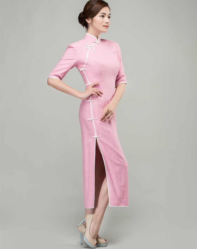 Pink cotton-linen long qipao dress Pink cotton-linen long qipao dress