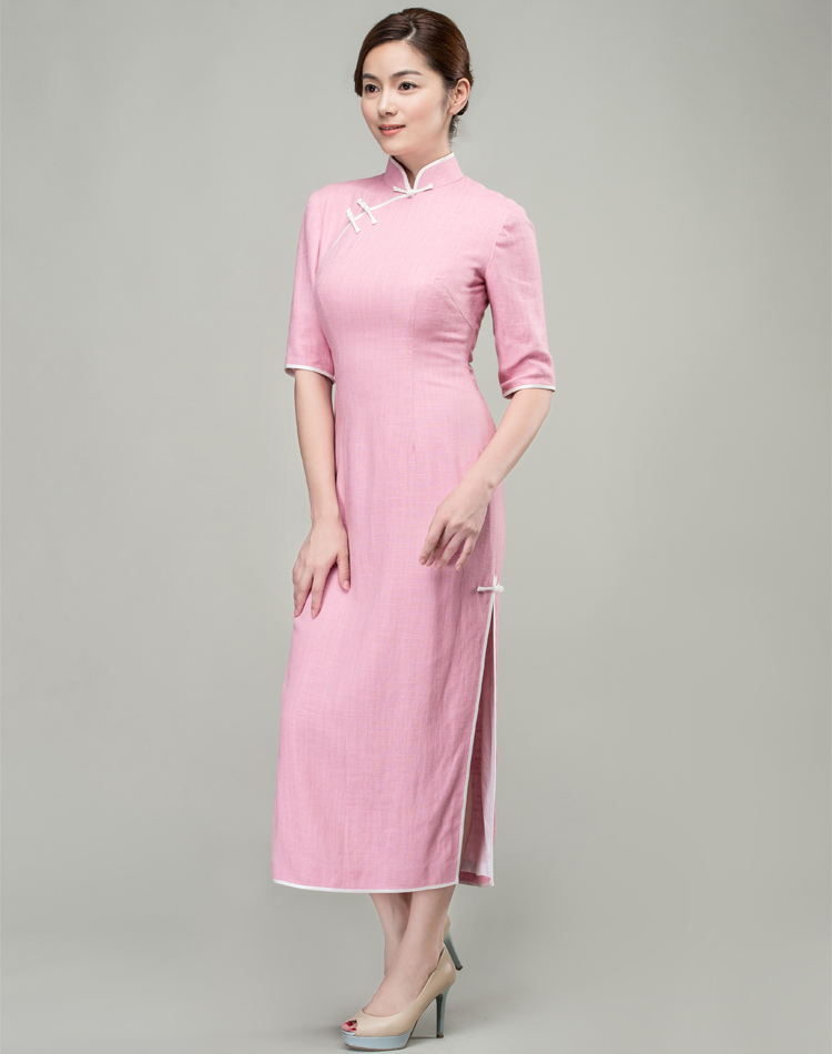 Pink cotton-linen long qipao dress