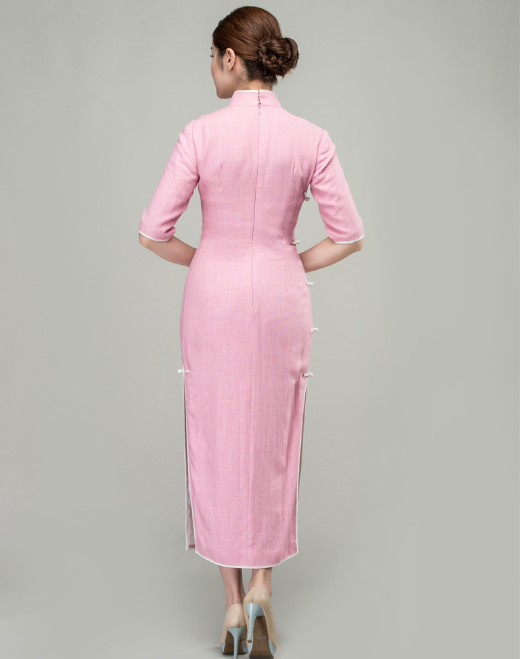 Pink cotton-linen long qipao dress