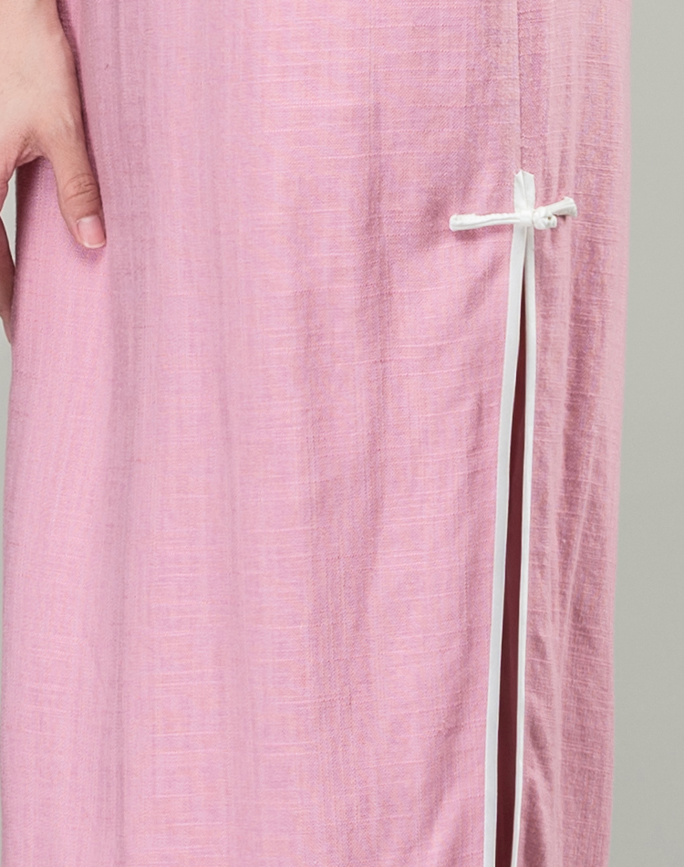 Pink cotton-linen long qipao dress