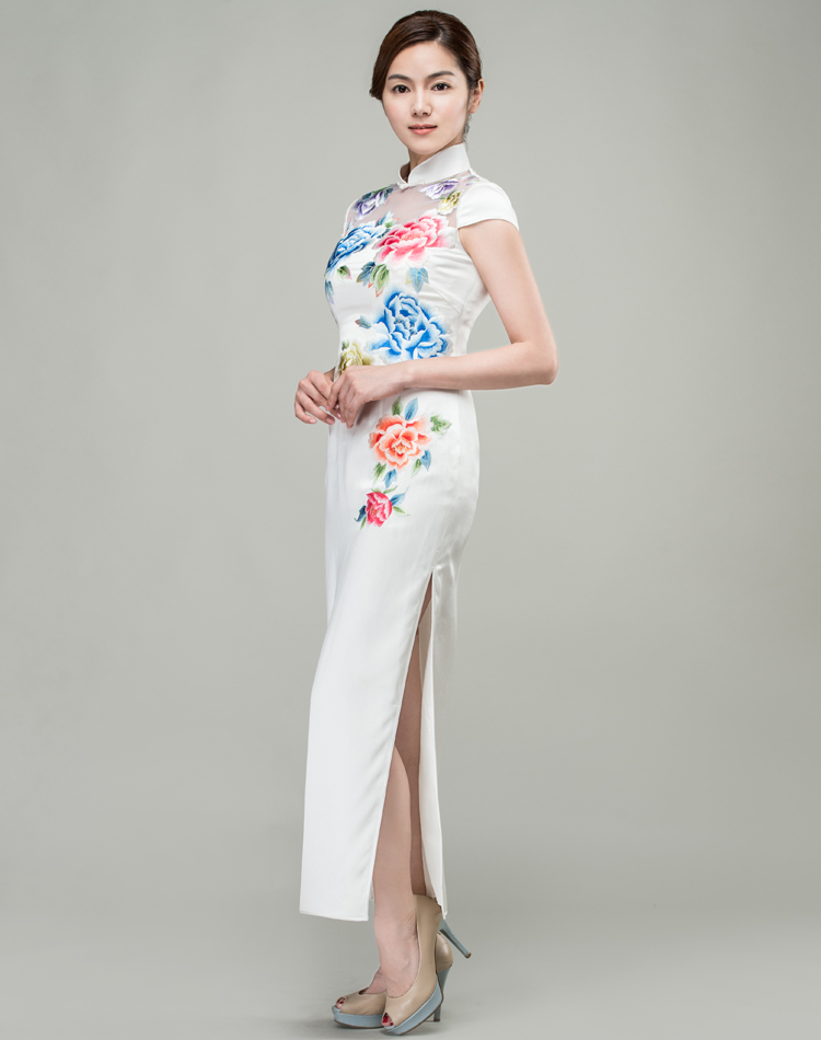 White cheongsam dress with colorful peonies embroidery