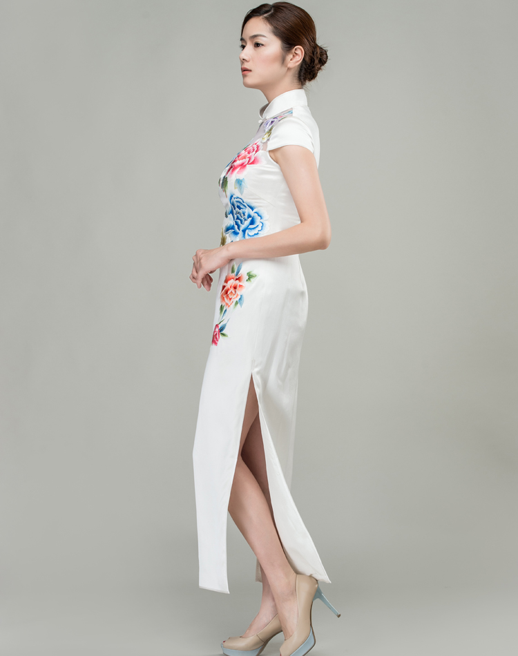 White cheongsam dress with colorful peonies embroidery