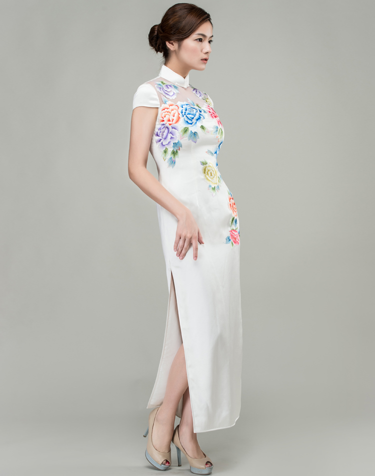 White cheongsam dress with colorful peonies embroidery