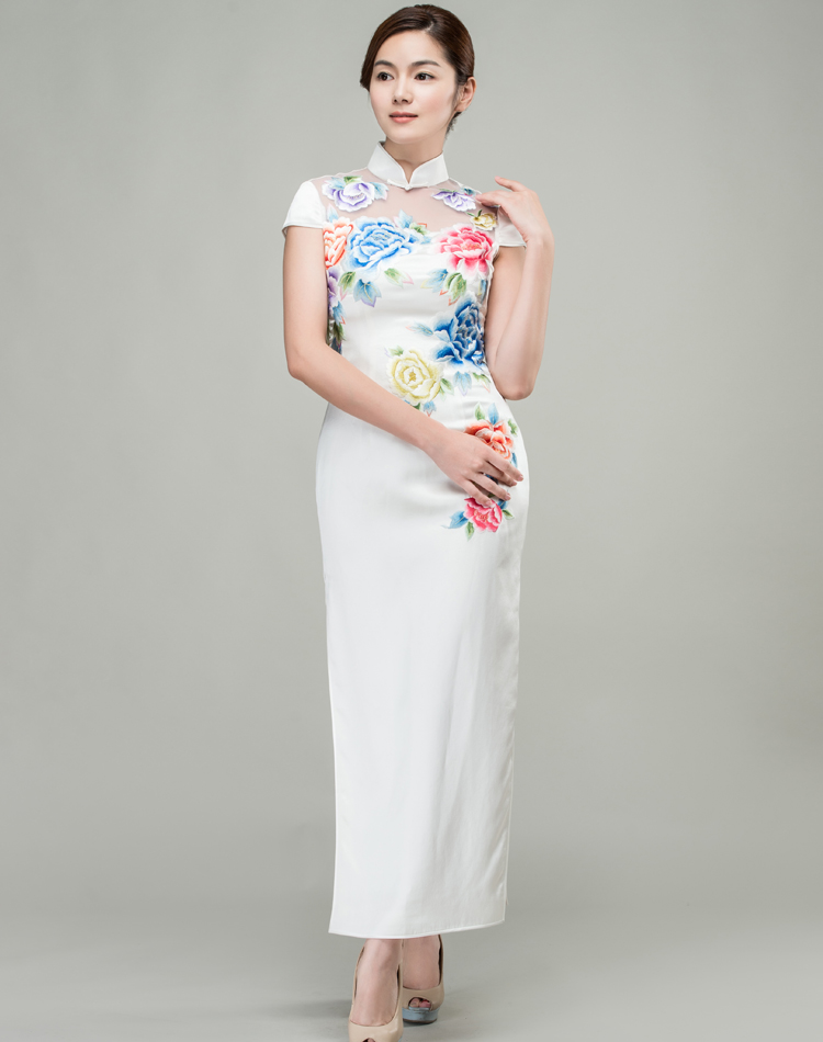 White cheongsam dress with colorful peonies embroidery