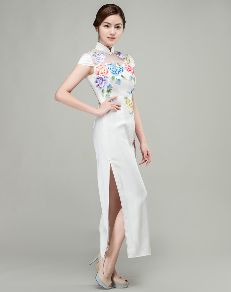 White cheongsam dress with colorful peonies embroidery