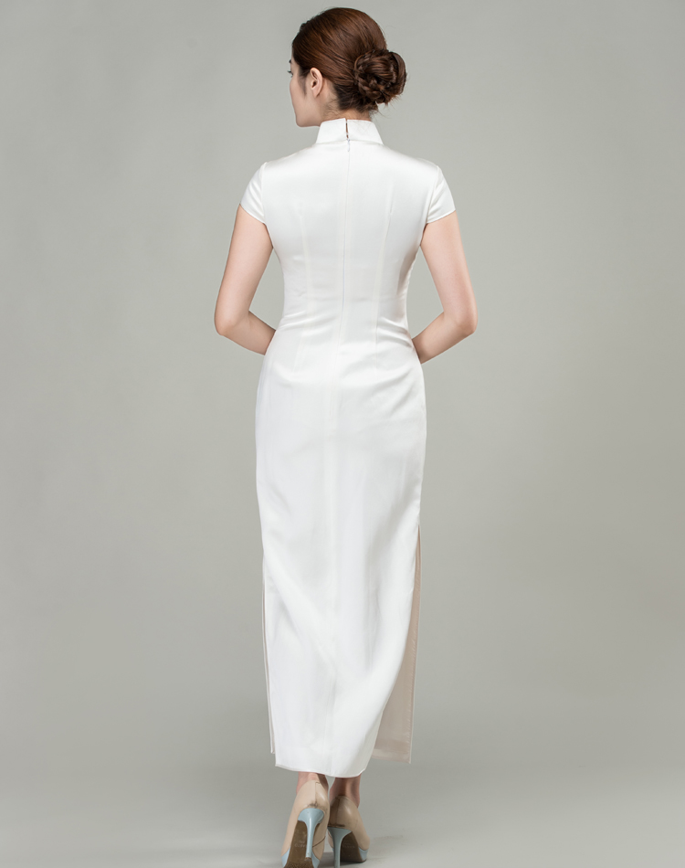 White cheongsam dress with colorful peonies embroidery