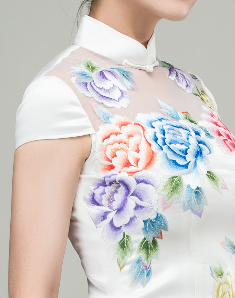 White cheongsam dress with colorful peonies embroidery