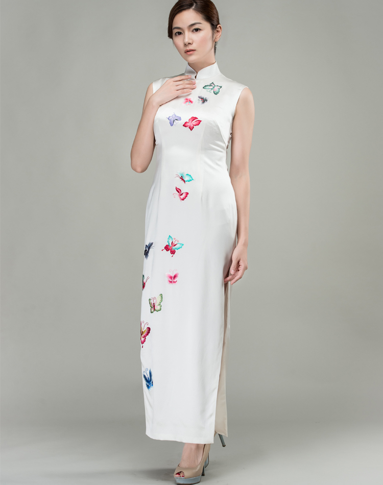 White cheongsam dress with colorful butterflies embroidery