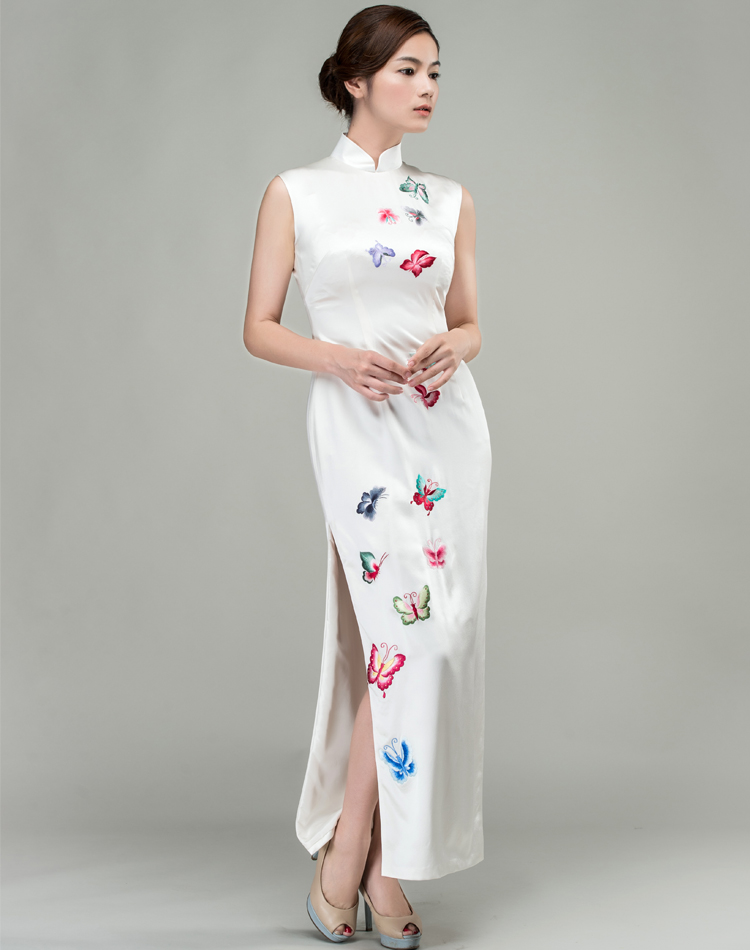 White cheongsam dress with colorful butterflies embroidery