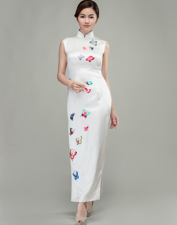 White cheongsam dress with colorful butterflies embroidery