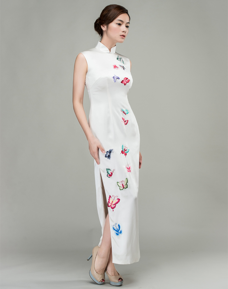 White cheongsam dress with colorful butterflies embroidery