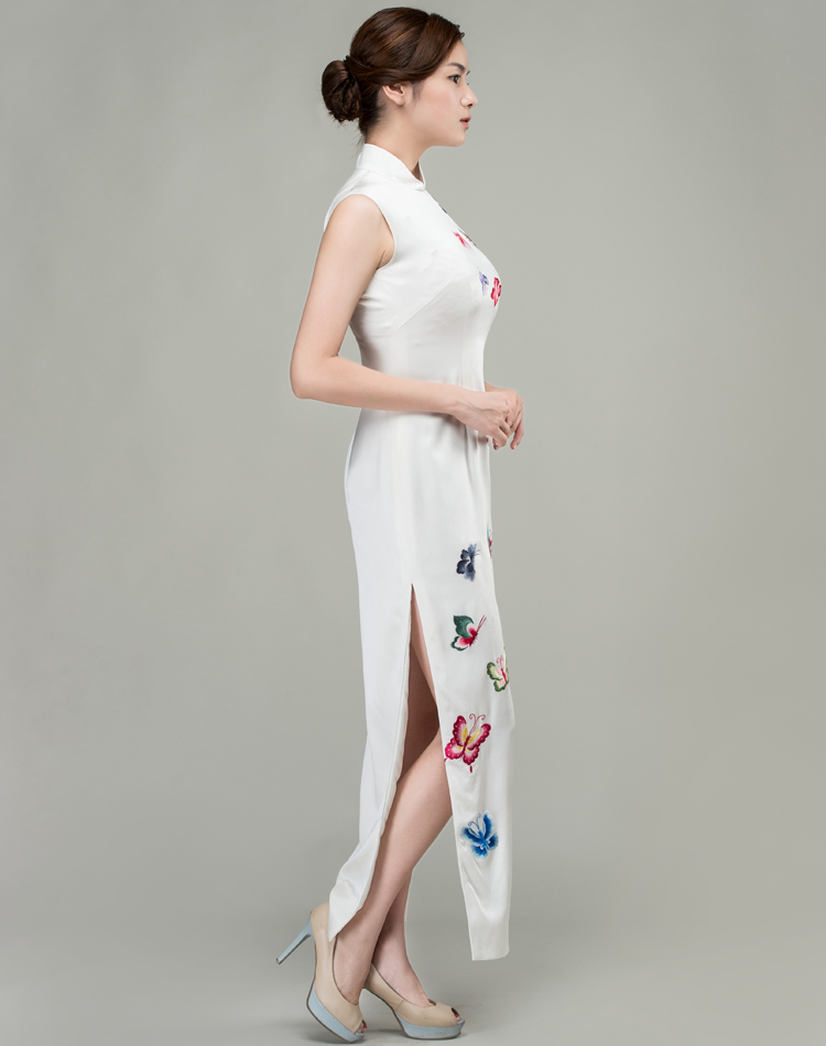 White cheongsam dress with colorful butterflies embroidery White cheongsam dress with colorful butterflies embroidery