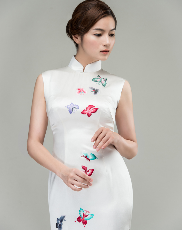 White cheongsam dress with colorful butterflies embroidery