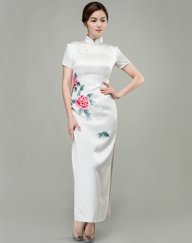 White with peonies hand-painted cheongsam dress