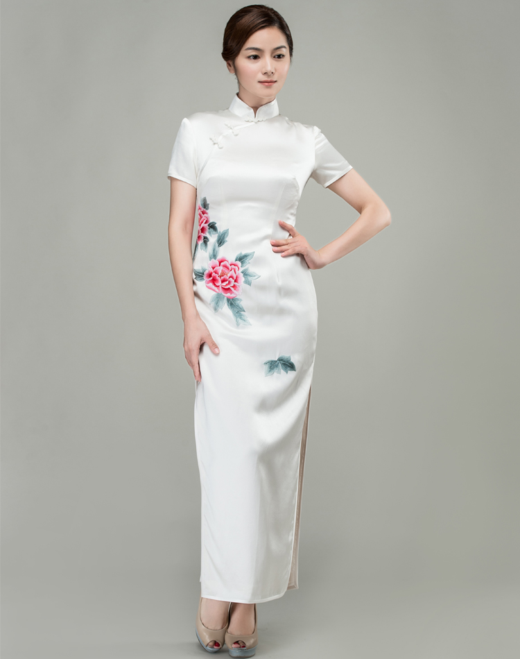 White with peonies hand-painted cheongsam dress White with peonies hand-painted cheongsam dress