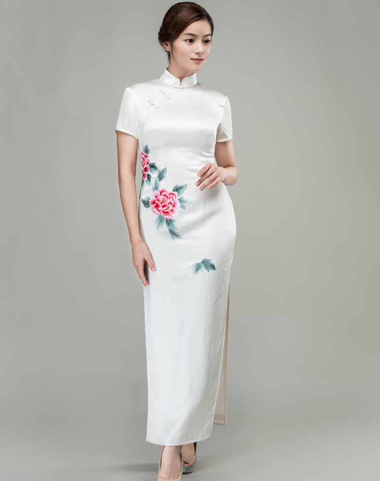 White with peonies hand-painted cheongsam dress