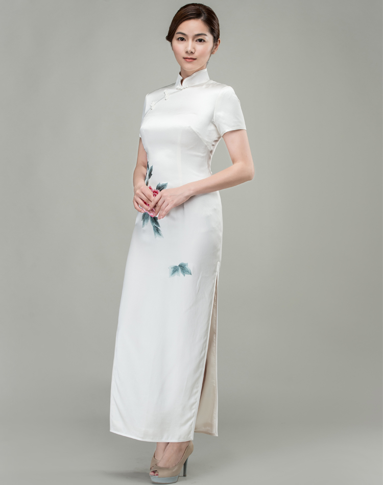 White with peonies hand-painted cheongsam dress