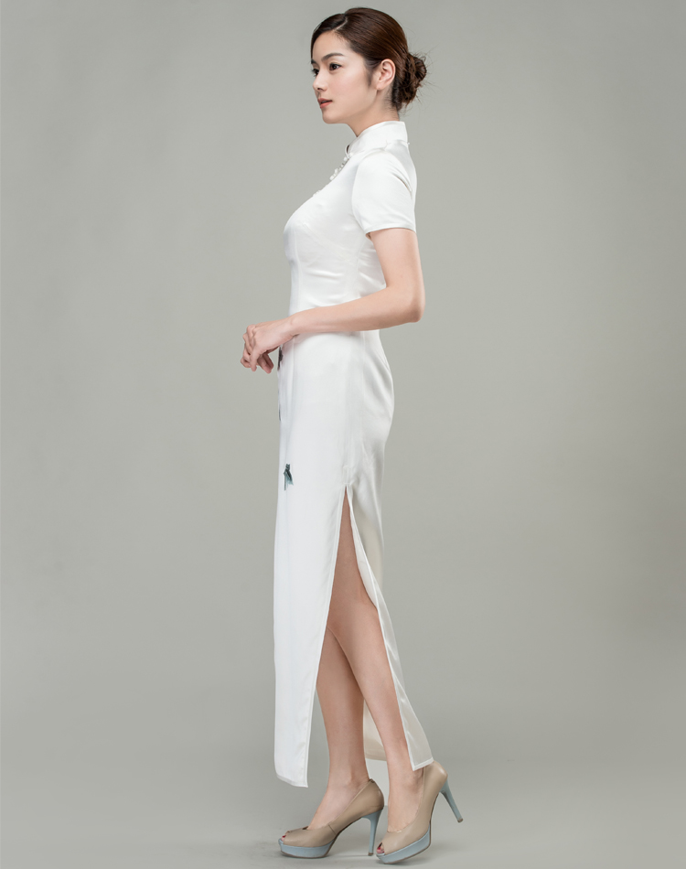 White with peonies hand-painted cheongsam dress
