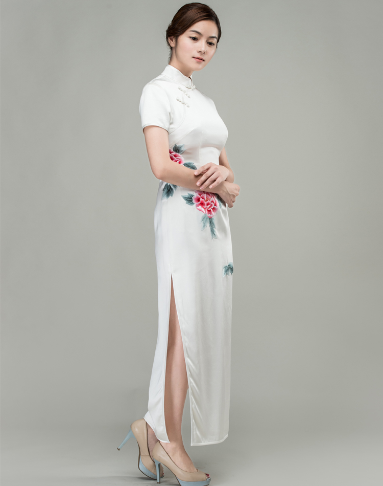 White with peonies hand-painted cheongsam dress