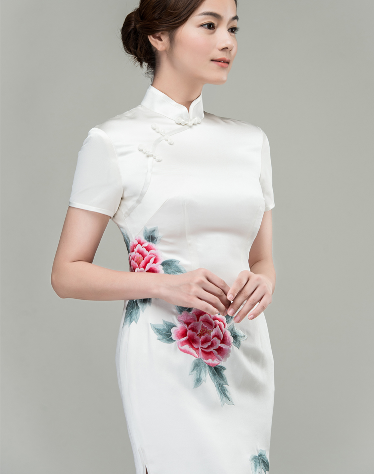 White with peonies hand-painted cheongsam dress