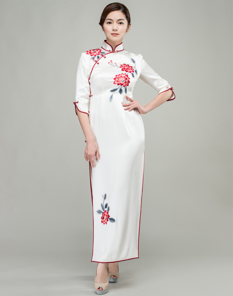 White long cheongsam dress with red floral embroidery 