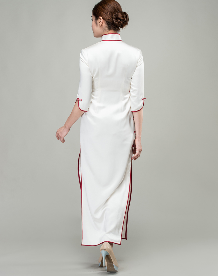 White long cheongsam dress with red floral embroidery 