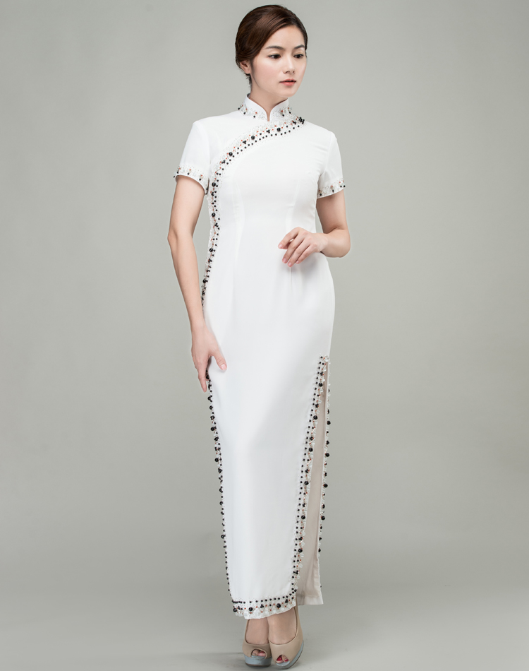  length, double slits. Elegant Qipao. The perfect combination of the East and the West White long choengsam dress with Shining beads and sequins