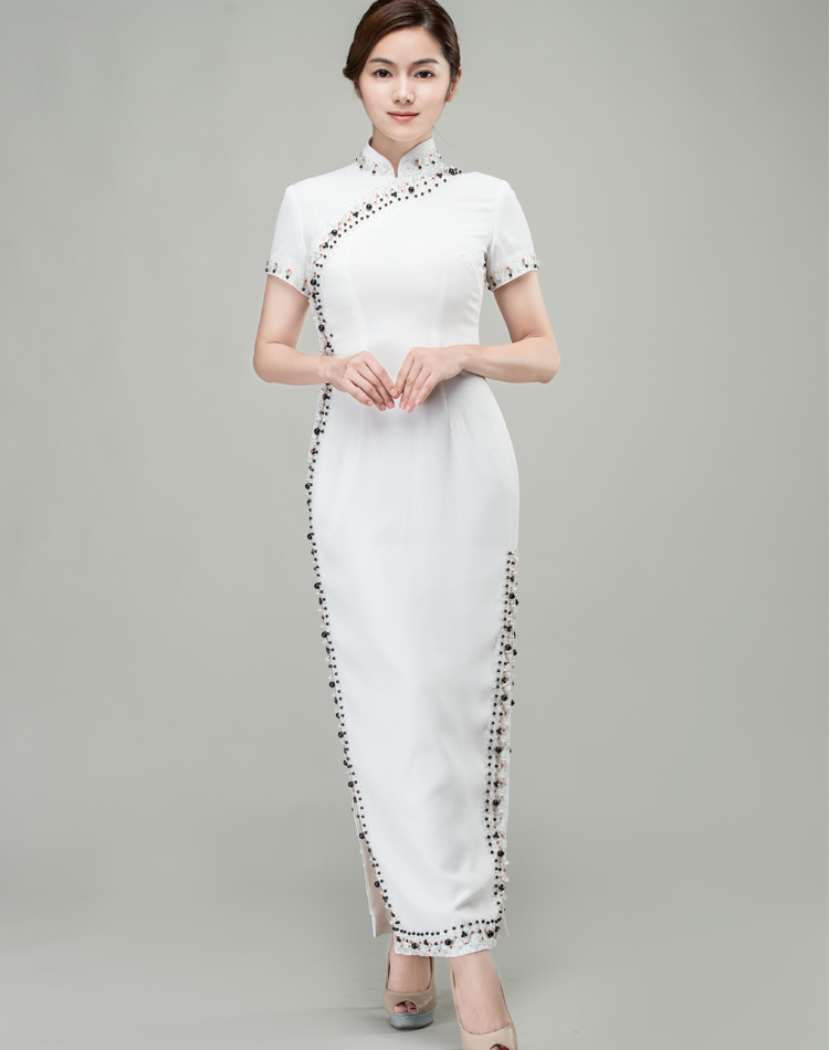  length, double slits. Elegant Qipao. The perfect combination of the East and the West White long choengsam dress with Shining beads and sequins