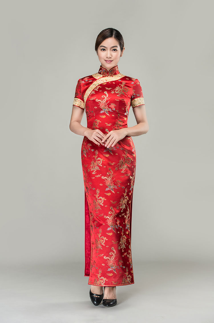 Colorful dragons & phoenixes wedding qipao dress