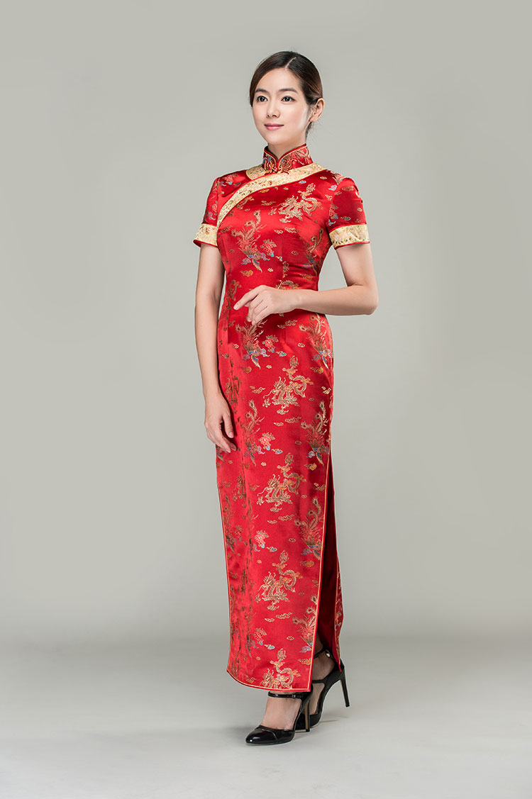 Colorful dragons & phoenixes wedding qipao dress