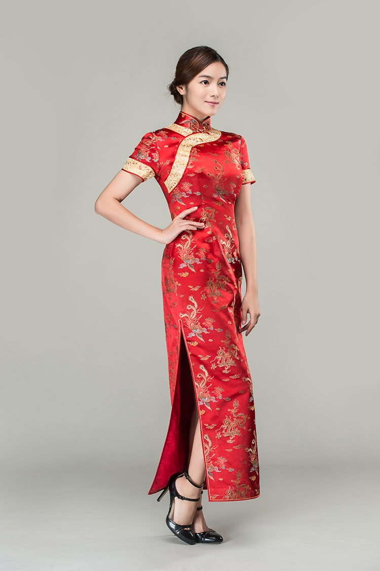 Colorful dragons & phoenixes wedding qipao dress