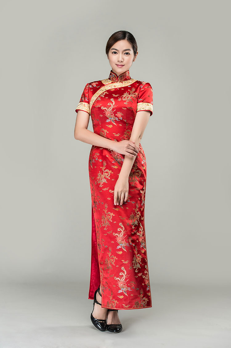 Colorful dragons & phoenixes wedding qipao dress