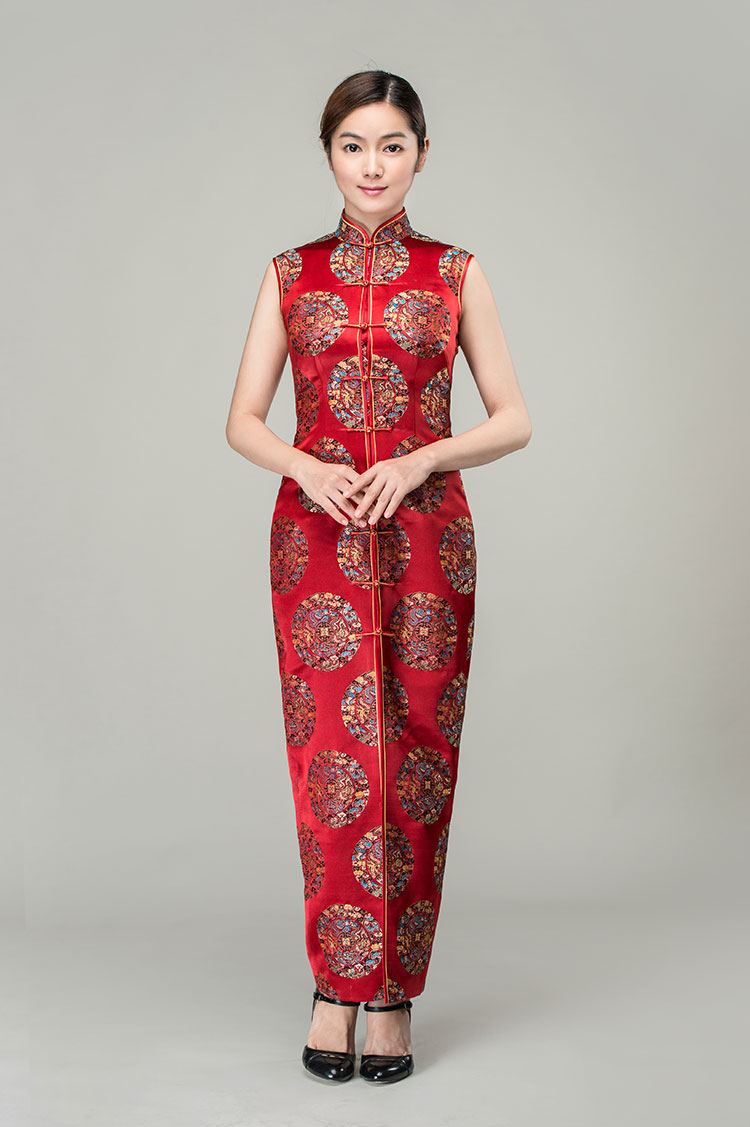 Red circles with dragon bats silk brocade cheongsam dress 