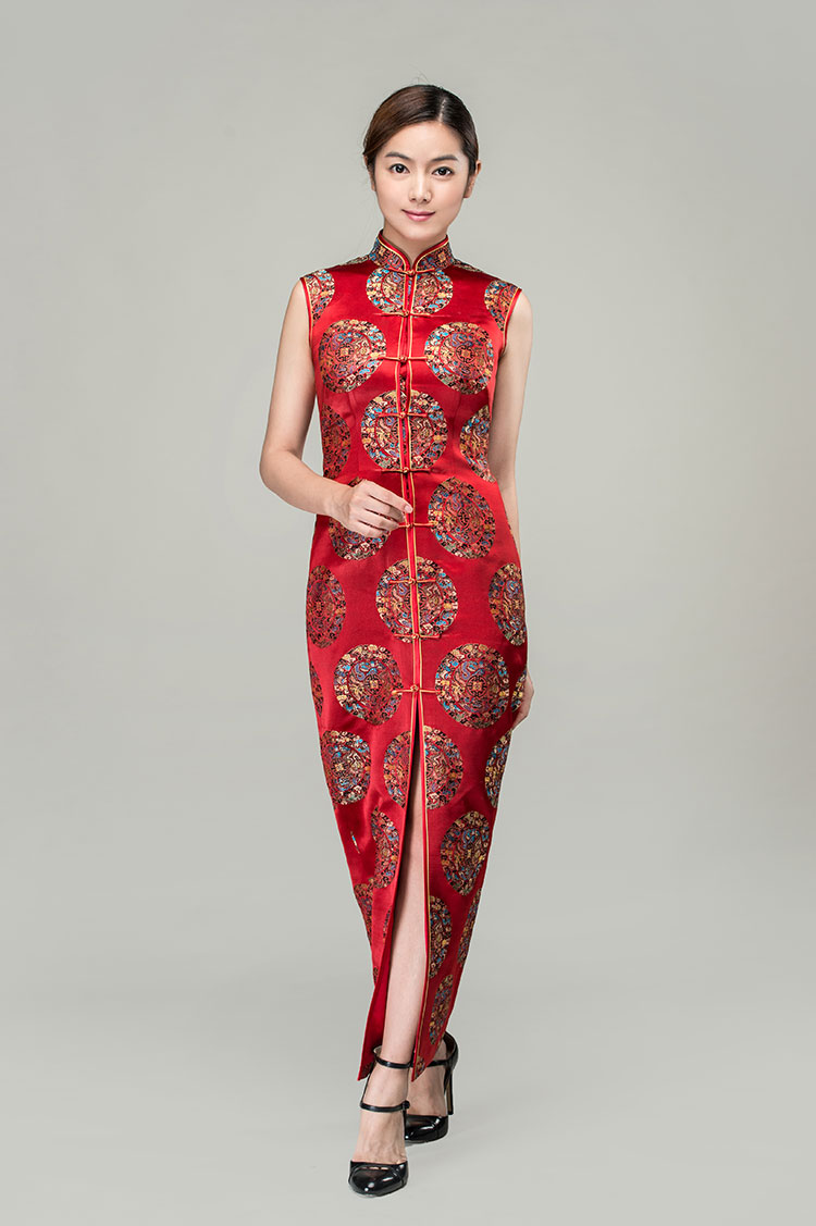 Red circles with dragon bats silk brocade cheongsam dress 