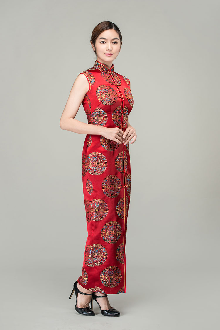 Red circles with dragon bats silk brocade cheongsam dress 