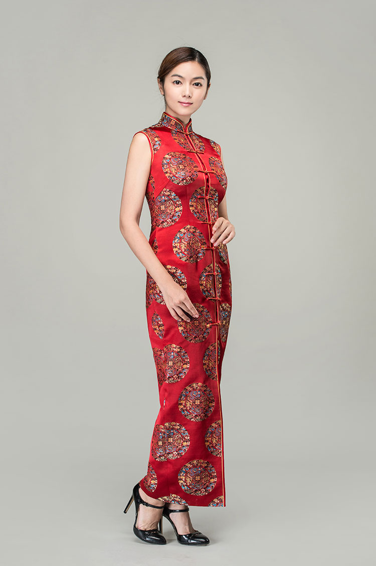 Red circles with dragon bats silk brocade cheongsam dress 