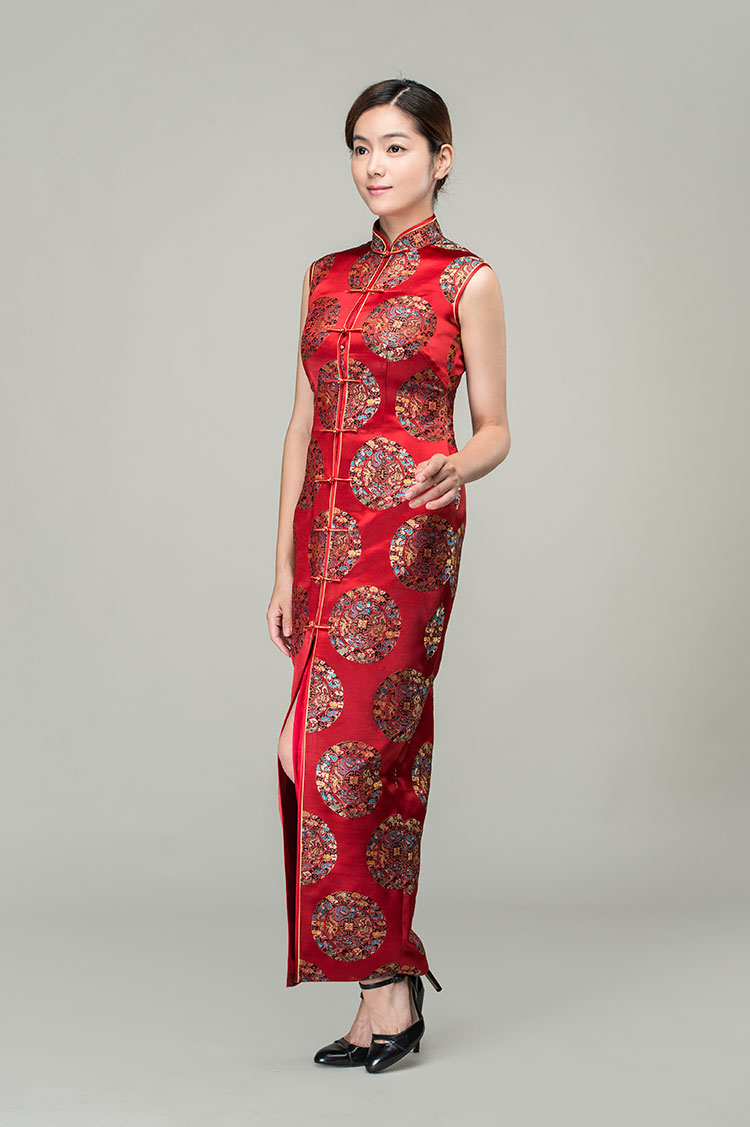 Red circles with dragon bats silk brocade cheongsam dress 