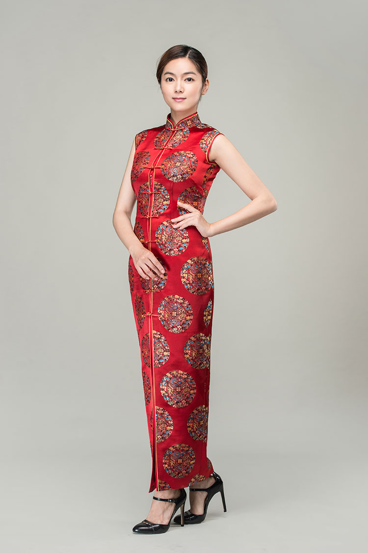 Red circles with dragon bats silk brocade cheongsam dress 