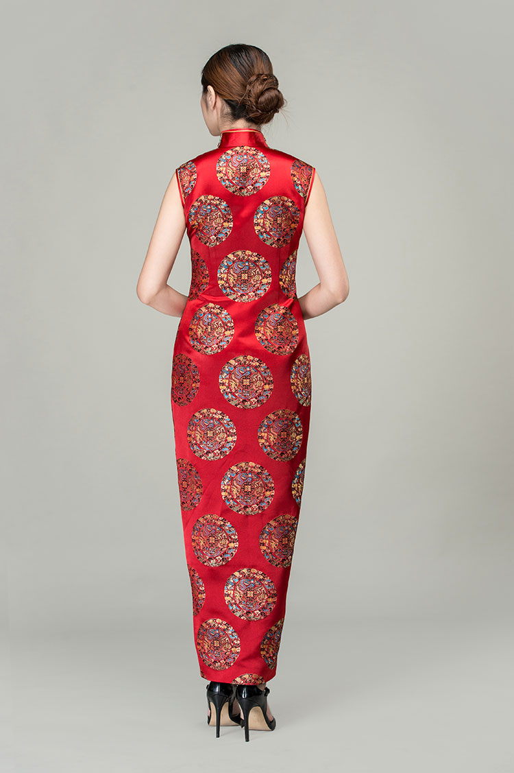 Red circles with dragon bats silk brocade cheongsam dress 