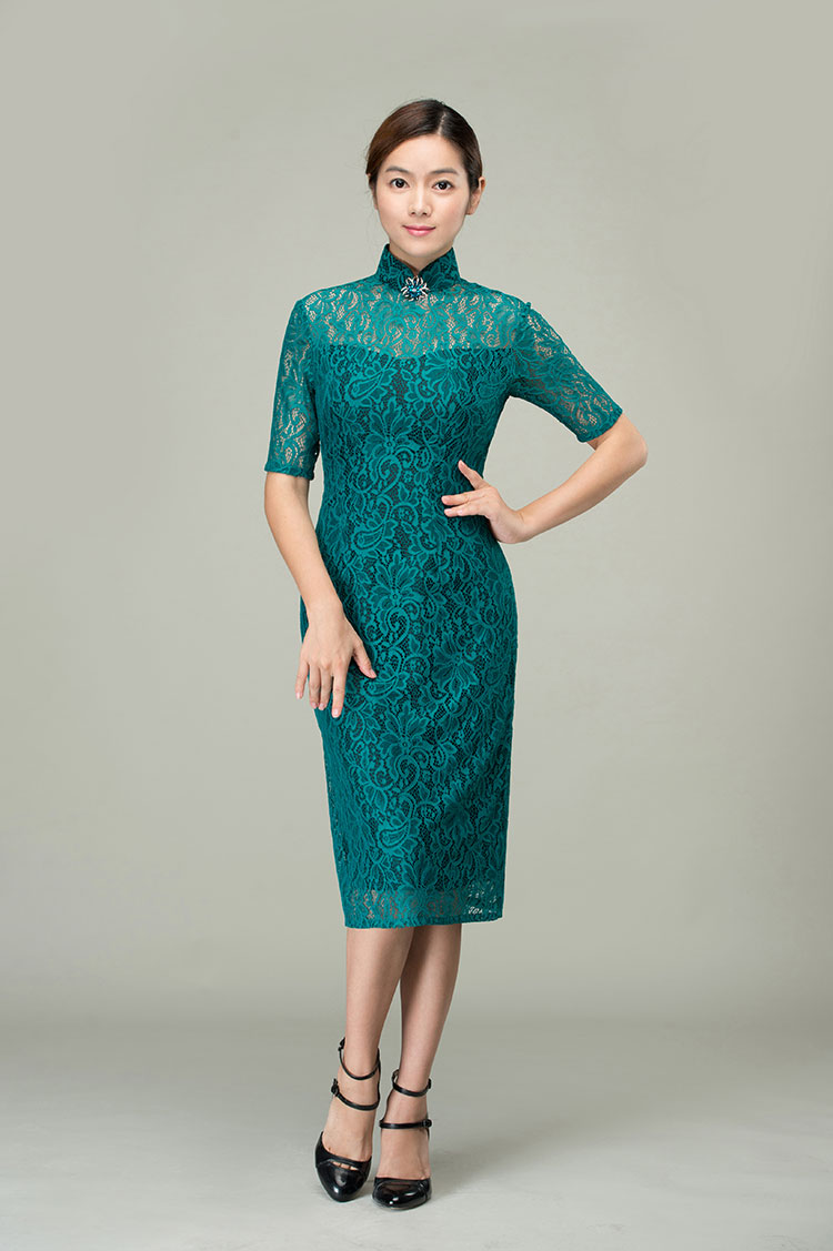Malachite green lace qipao dress