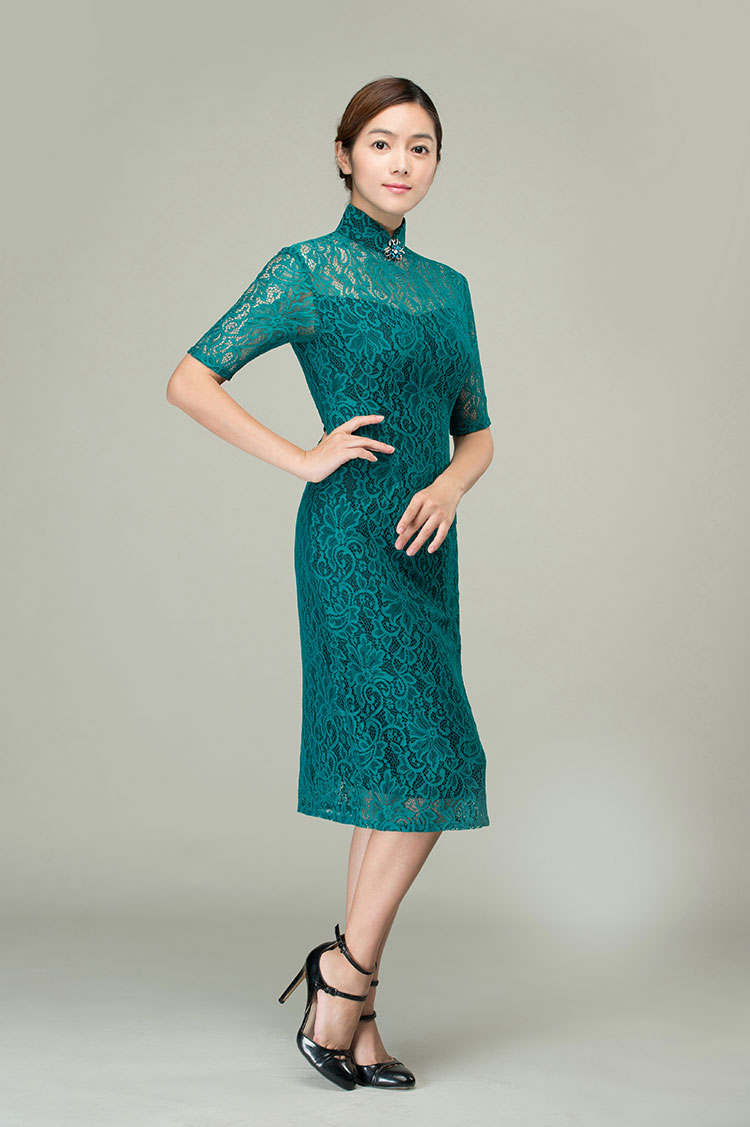 Malachite green lace qipao dress