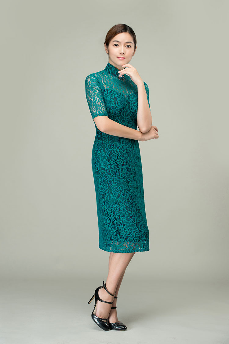 Malachite green lace qipao dress