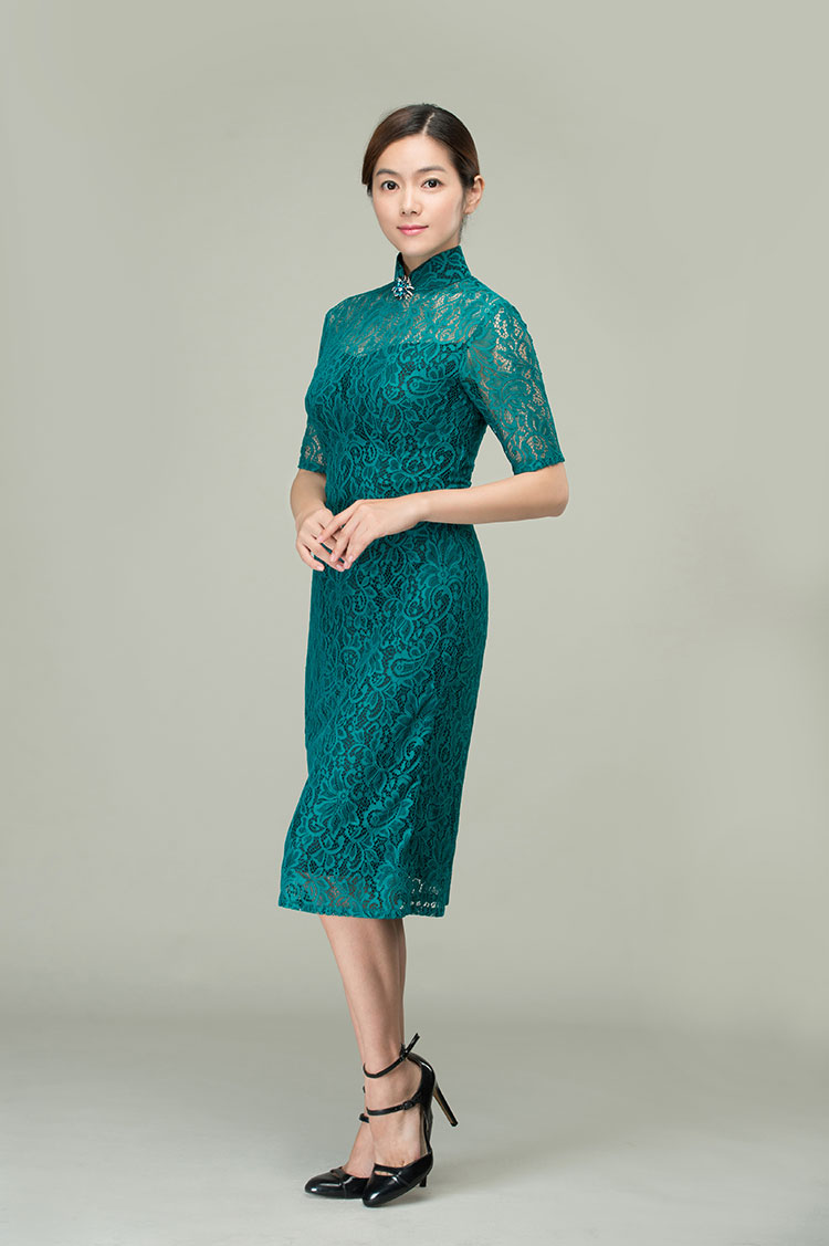 Malachite green lace qipao dress