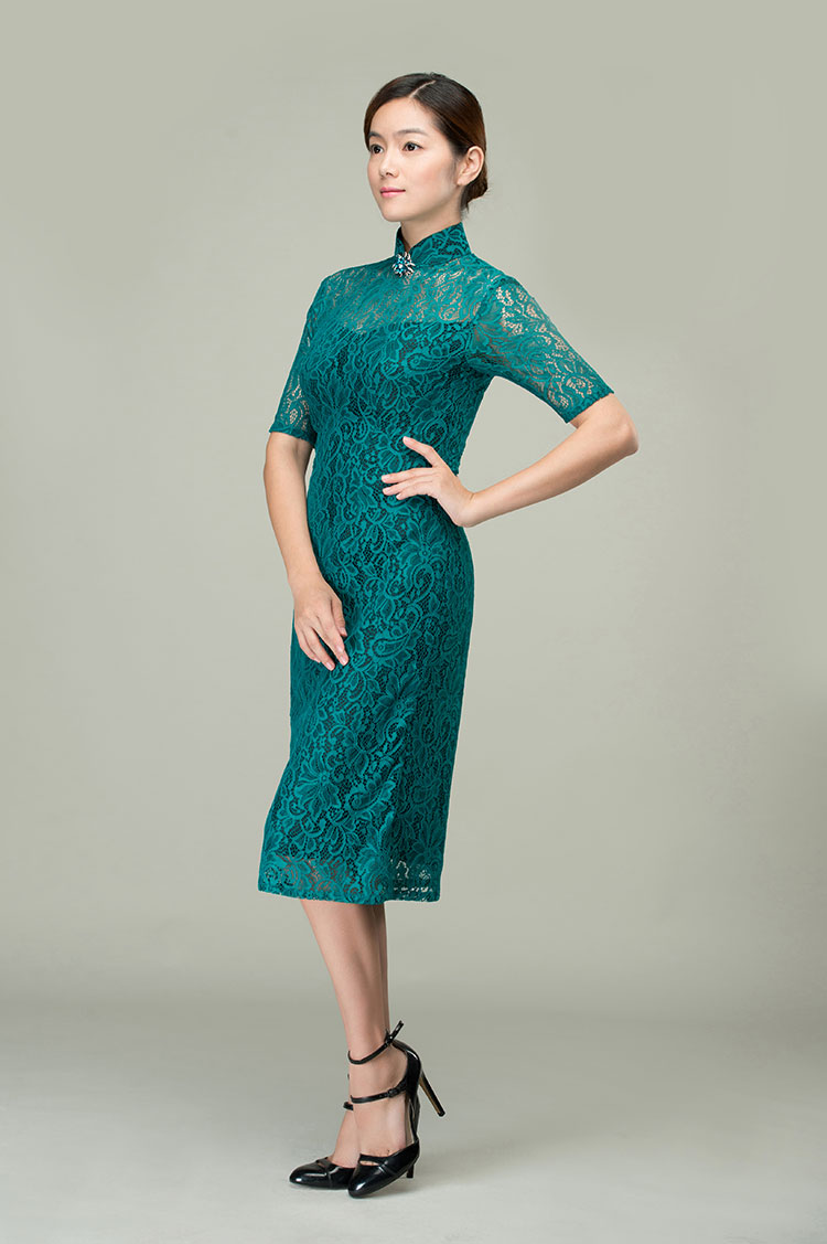 Malachite green lace qipao dress