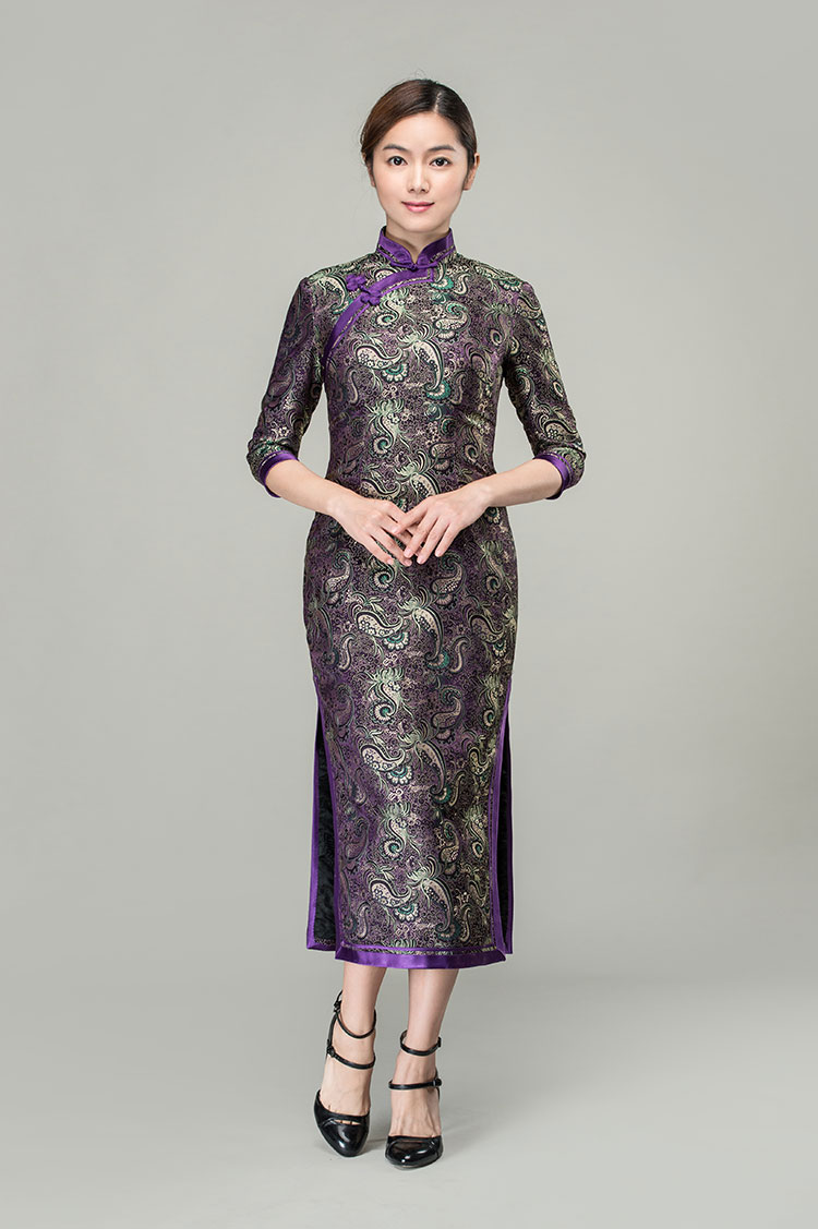 Ruyi & chrysanthemum patterns long cheongsam dress