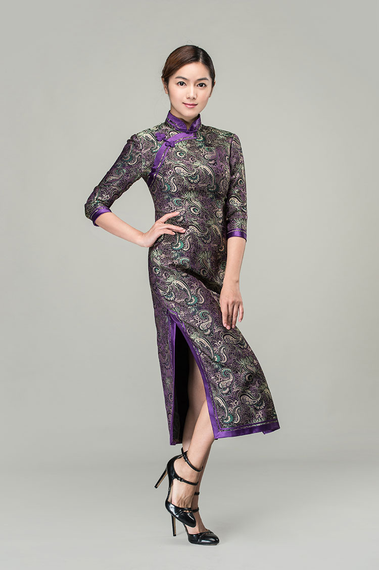 Ruyi & chrysanthemum patterns long cheongsam dress