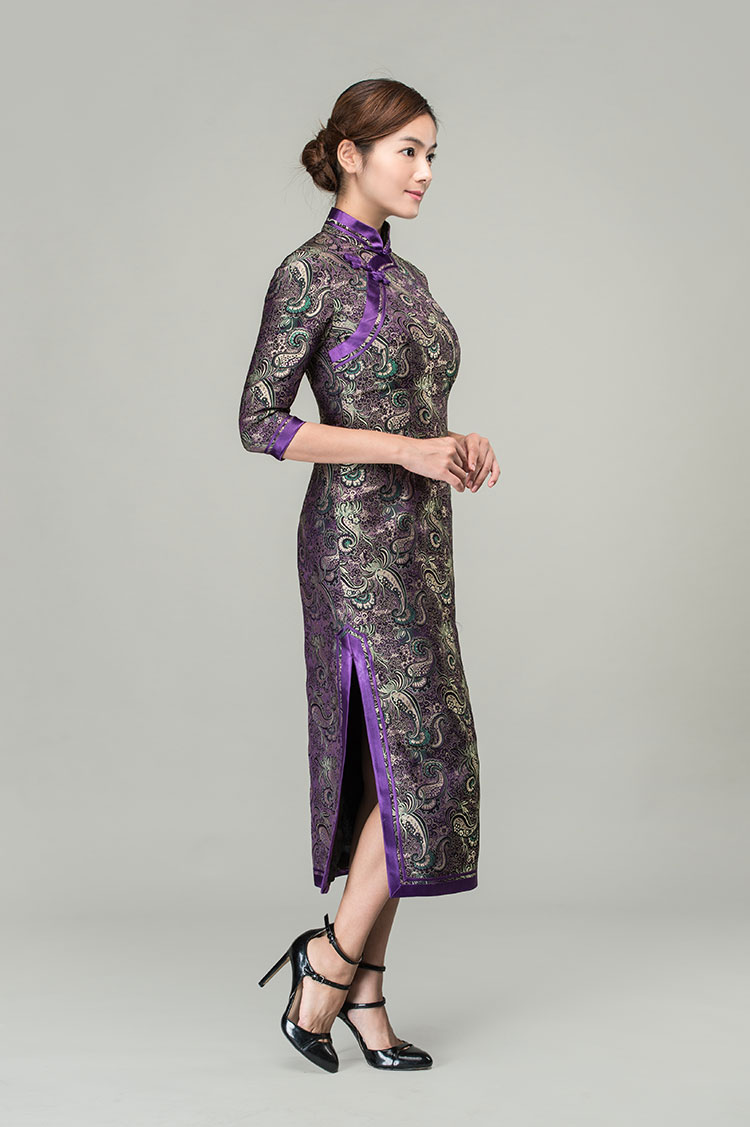 Ruyi & chrysanthemum patterns long cheongsam dress
