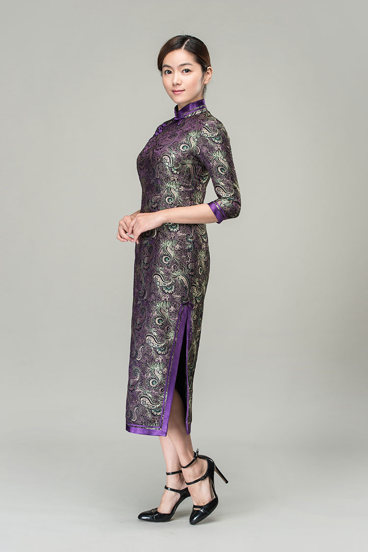 Ruyi & chrysanthemum patterns long cheongsam dress