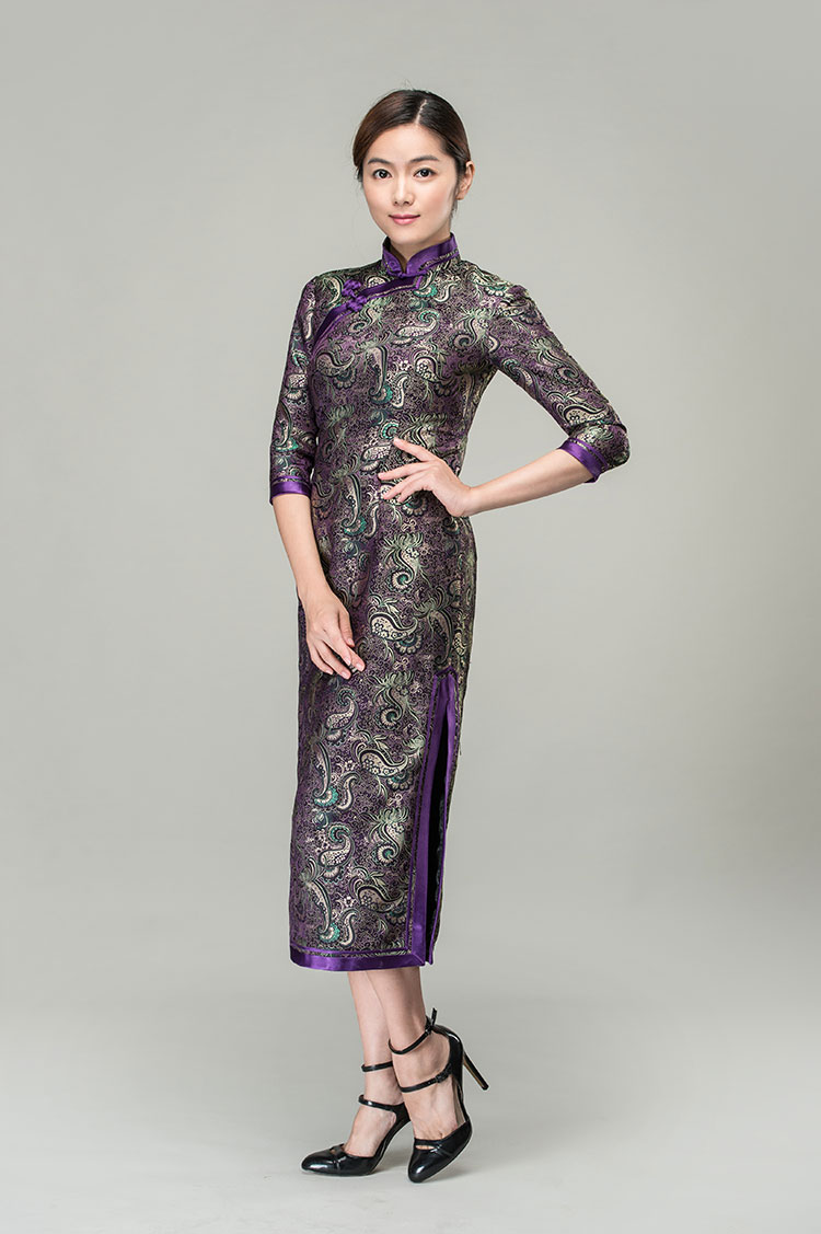 Ruyi & chrysanthemum patterns long cheongsam dress